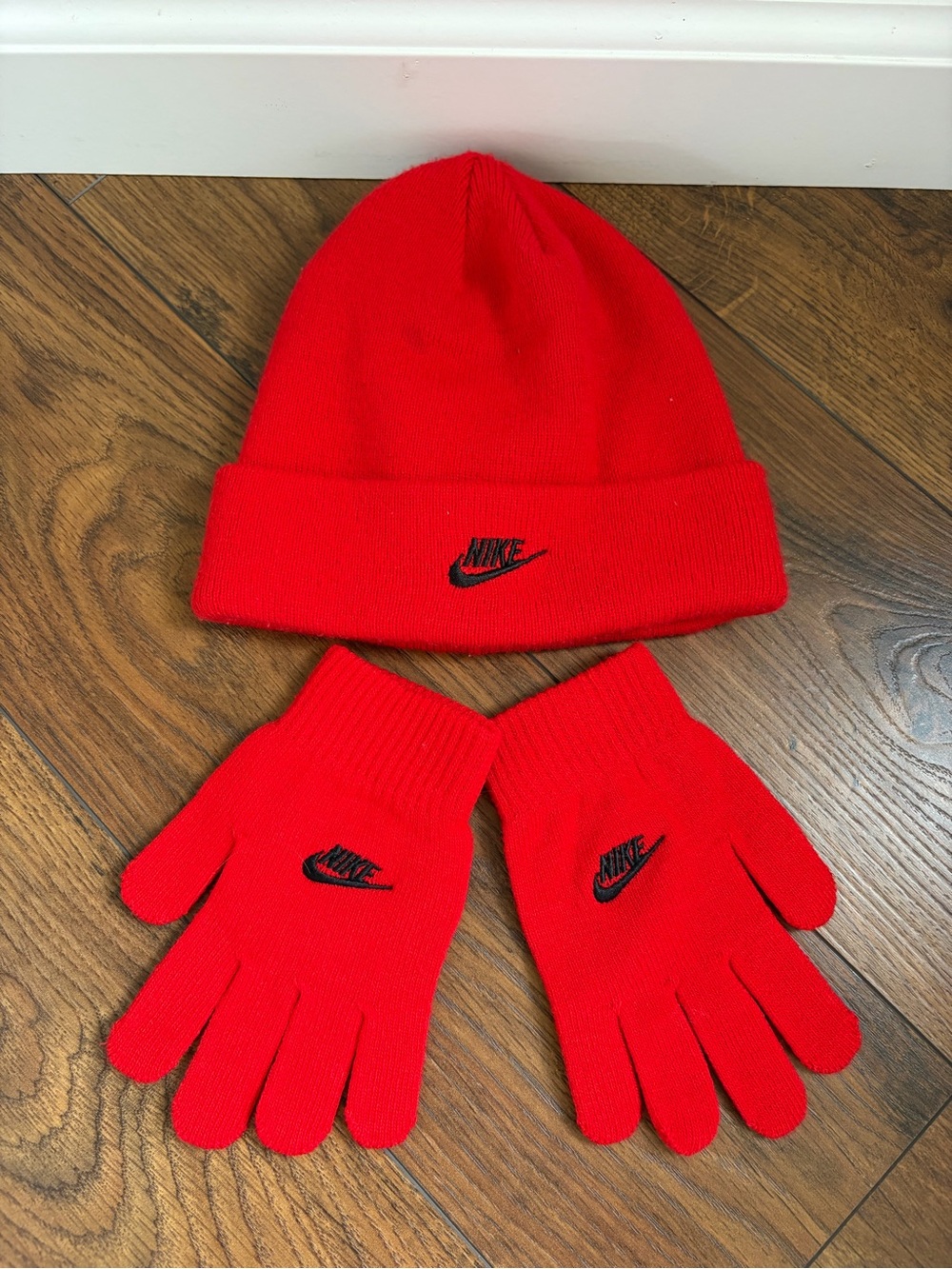 Nike Kids Red Beanie Hat and Gloves Set with Black Logo